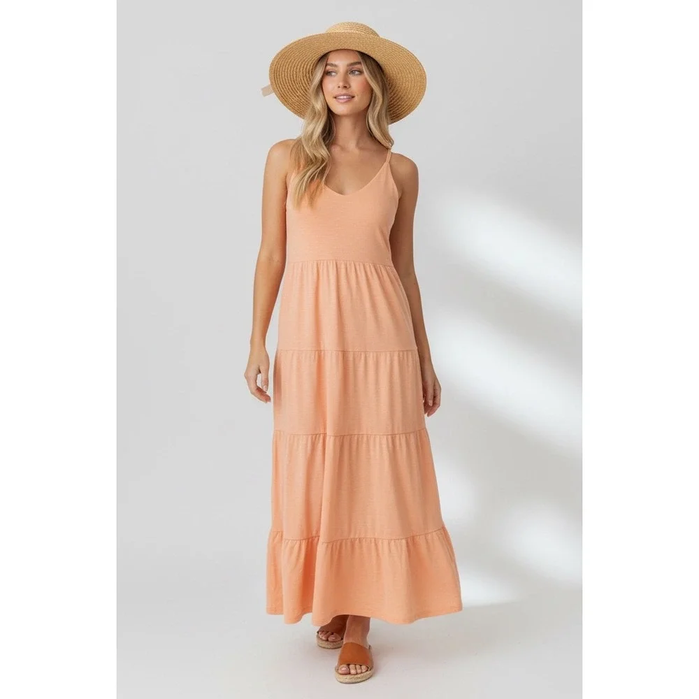 Old Navy | Dresses | New Old Navy Peach Medium Tiered Maxi Dress Slub  Cotton Blend Summer Boho | Poshmark